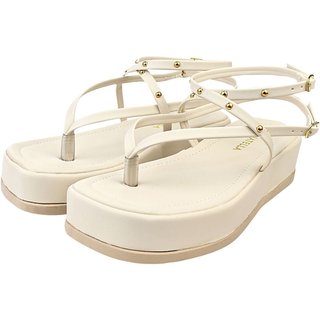 Sandalia Feminina Plataforma Donatella Shoes Confortável Chinelo de Dedo Rebite Tacha Fivela Off White