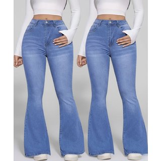 Kit 2 Calças Flare Jeans Feminina Alpha Street Wear Premium Com Elastano Cintura Alta Levanta Bumbum Estilo Gringa Azul Delave