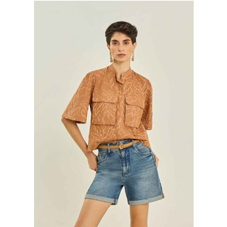 Camisa Maria Valentina Solta Gola Padre Manga Longa Padrão Marrom
