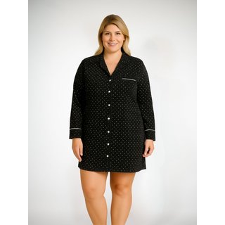 Camisola Algodão Plus Size Manga Longa Bárbara - Preto Poá