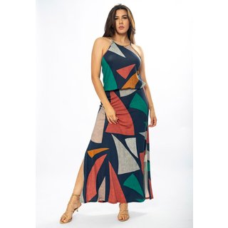 Vestido Longo Amazônia Vital Malha Trapézio com Elástico na Cintura Geometrias do Tempo