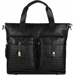 Bolsa Andrea Vinci Para Notebook De Couro Croco Jaque - Preto