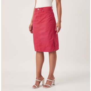Saia Jeans Color Confort Fendas Laterais Rosa Pimenta