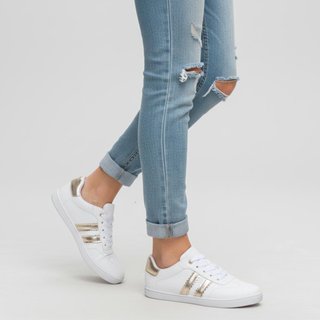 Tênis Feminino Casual Clássico Retrô Branco com Listra Dourada