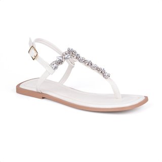 Rasteirinha Slingback Off White Flat Pedrarias Brilho Bico Quadrado