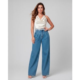 Calça Jeans Wide Leg Feminina Cintura Alta com Cinto 24275 Média Consciência