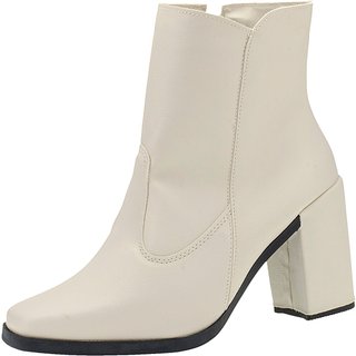 Bota Feminina Bico Quadrado Salto Alto Grosso Cotorno Cano Médio Confortavel Ziper Off White