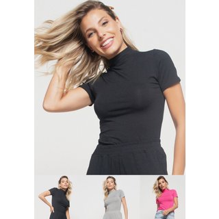 Kit 3 Blusas Salvatore Gola Alta Comfy Malha Preta, Mescla e Rosa