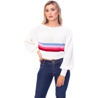 Cropped Moda Vício Trico Manga Longa Com Faixa Colorida Branco