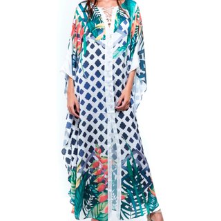 Vestido Kaftan Longo 101 Resort Wear Crepe Estampado EXCLUSIVO Barrado Flor Grafismo Azul Branco