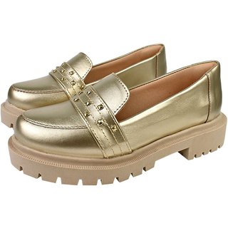 Sapato Feminino Mocassim Tratorado Donatella Shoes Bico Redondo Confort Tacha Spike Ouro Light