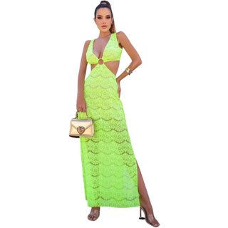Vestido Nina Fenda Renda Abertura Verde Lima Neon