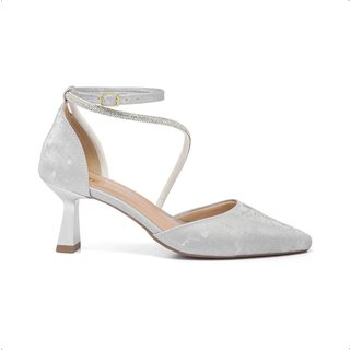 Scarpin Feminino Stessy Salto Taça Bico Fino Elegante Strass Luxo Velvet Prata