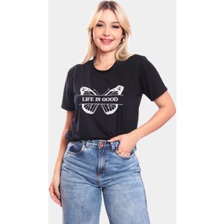 Tshirt Blusa Feminina Life Is Good Estampada Manga Curta Camiseta Camisa Preto