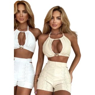 Conjunto concha Short e Cropped Dourado Jacquard Areia