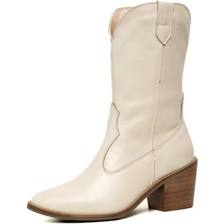 Bota Texana Western Bico Fino Country Couro Off White Kuento Shoes