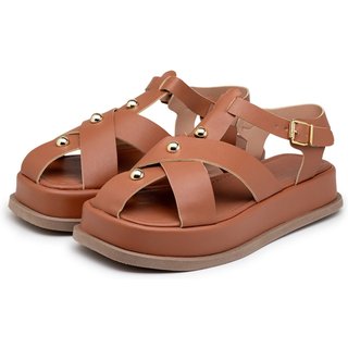 Sandália Flatform Feminina Tiras Bola Dourado 23401 Caramelo