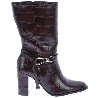 Luna - Bota Feminina Cano Médio Salto Bloco Croco Macchiato Marrom