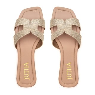 Rasteira Feminina H Flat Básica Brilho Glitter Verão Nude/Glitter