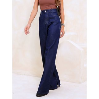 Calça Jeans Azul Escuro Wide Leg Fenda Na Barra Feminina