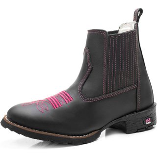 Bota Texana Botina Feminina RR Botas Couro Com Bordado Bico Redondo Preto Rosa