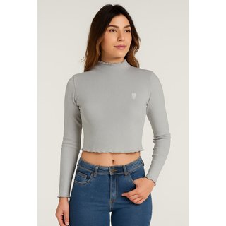 Blusa Tricot Feminina Ribana Gola Alta Polo Wear Mescla Claro