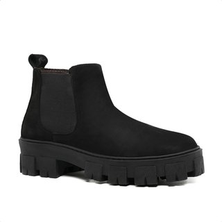 Bota Chelsea Feminina em Couro Preto e Sola Tratorada 24788FNP