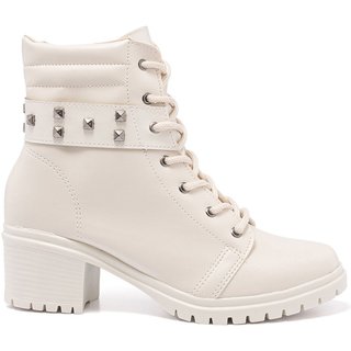 Coturno Feminino Stessy Shoes Bota Cano Baixo Salto Tratorada Estilosa Off white