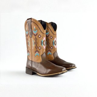Bota Texana Kapell Feminino Marrom Em Couro Legítimo Bico Quadrado Bordada