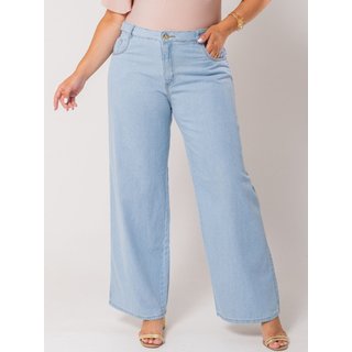 Calça Donna De Paula Wide Leg Plus Size Jeans Claro Cintura Alta Pantalona Feminina Casual