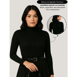 Blusa feminino cacharrel preto Garota Urbana Fashion Outono inverno casual diario basico ribana canelado algodão