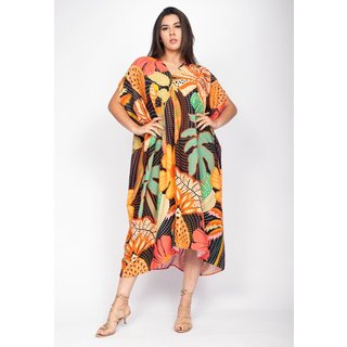 Vestido Kaftan Mutum Detalhes nas Costas Estampa Jardim do Verão