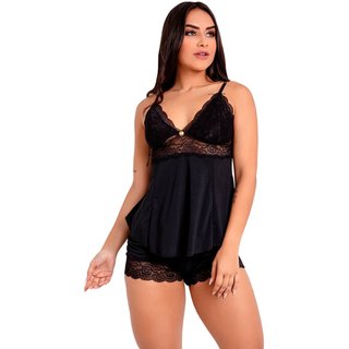 Pijama Short Doll Baby Doll IMI Lingerie Microfibra E Renda Hope Preto