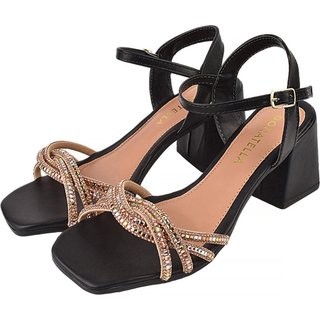 Sandália Feminina Salto Alto Brilho Pedraria Donatella Shoes Bico Quadrado Festa Santorine Preto