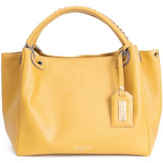 BOLSA FEMININA EM COURO ALÇA DE MÁO MOSTARDA COM AZUL "SOFIA RIBEIRO"""