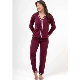 Pijama Mood Modas Americano Amamentação Longo Parto Pós Cirúrgico Botao Camisaria 046 Vinho