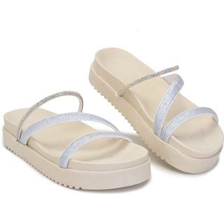 Sandalia Feminina Papete Strass Sola Alta Bege