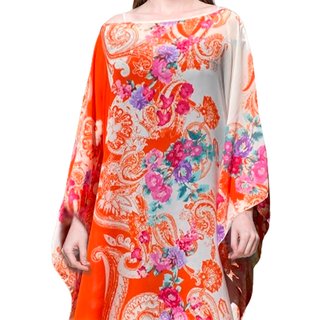 Saída Vestido Kaftan Amplo Crepe Semitransparente Estampado Lenço Laranja