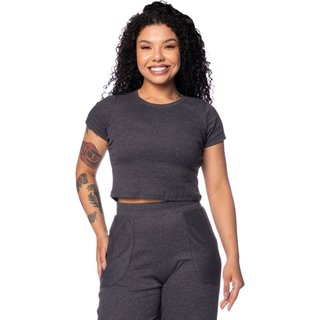 Blusa Feminina Habana Canelada Manga Curta Cinza