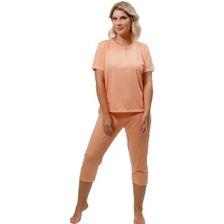Pijama Feminino Adulto Pescador senhora Blusa com Peitilho e Calça Capri - Poliviscose - Laranja