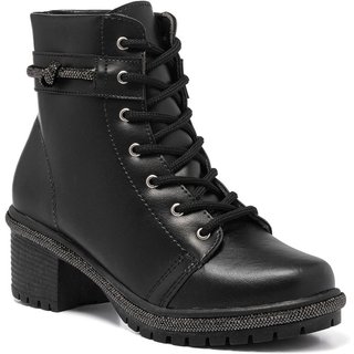 Coturno Feminino Stessy Shoes Bota Cano Curto Strass Tratorada Saltinho Preto