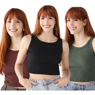 Kit 3 Cropped Levosch Regata Ribana Preto/Marrom/Verde