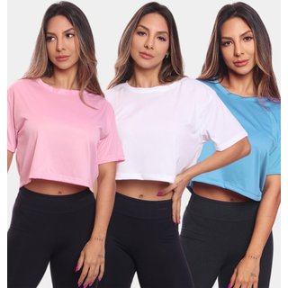 Kit 3 Cropped Manga Curta Feminino Dry Proteção UV Blusa Blusinha Academia Treino Branco/Azul