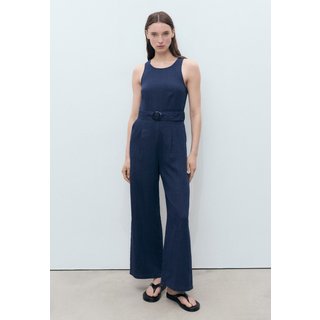 Macacão Feminino Mango Cinto Texturizado Azul Marinho