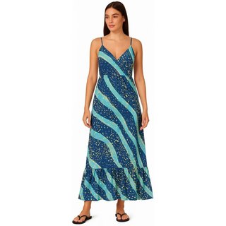 Vestido Longo FMF Indiano Estampado Feminino Chic Azul