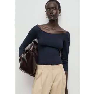 Blusa Feminina Mango Llopi Ombro a Ombro Azul Marinho