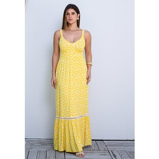 Vestido Longo Alça Barra Guipir com Bojo BBonnie Sarah Floral Amarelo
