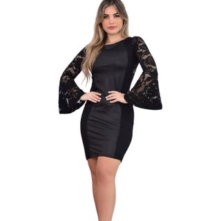 Vestido Feminino Summer Body Preto Justo com Manga Longa de Renda