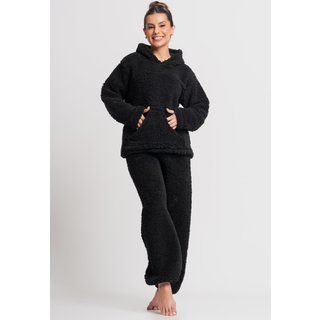 Pijama MVB Modas Longo Feminino Flanelado Teddy Capuz Bolso Pelucia Preto