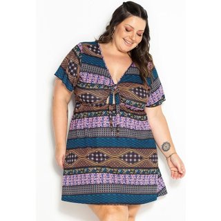 Vestido Com Amarração Plus Size Étnico Azul Marguerite
